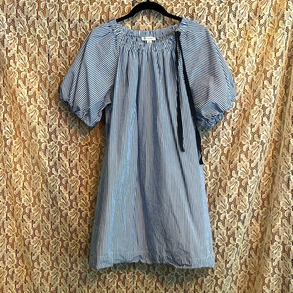 Blue Pinstripe Short Sleeved Blouson Dress